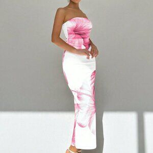 Pink Sexy Women's Strapless Floral Bodycon Long Dress